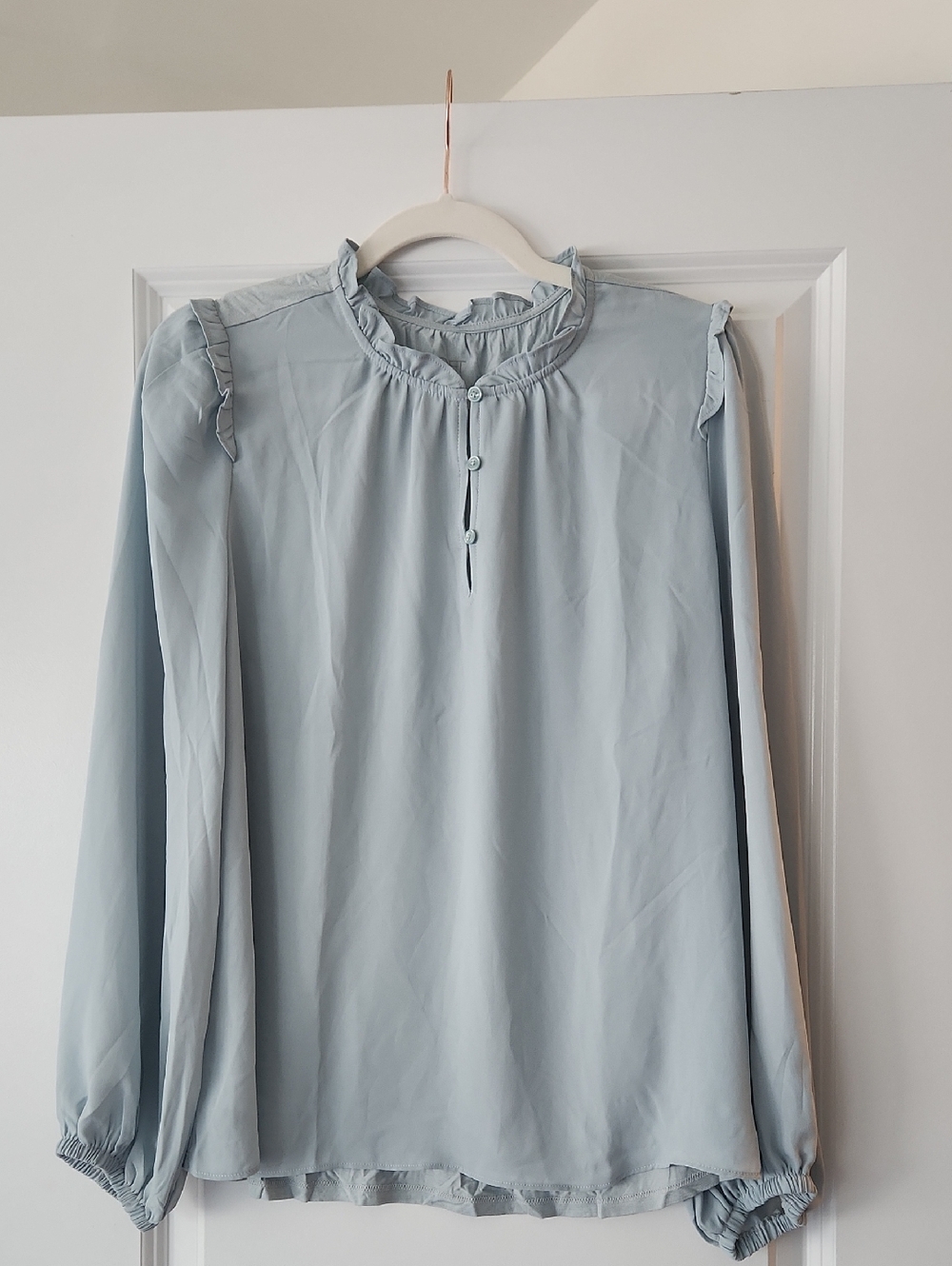 LOFT Pale Blue Ruffle-Neck Long Sleeve Blouse